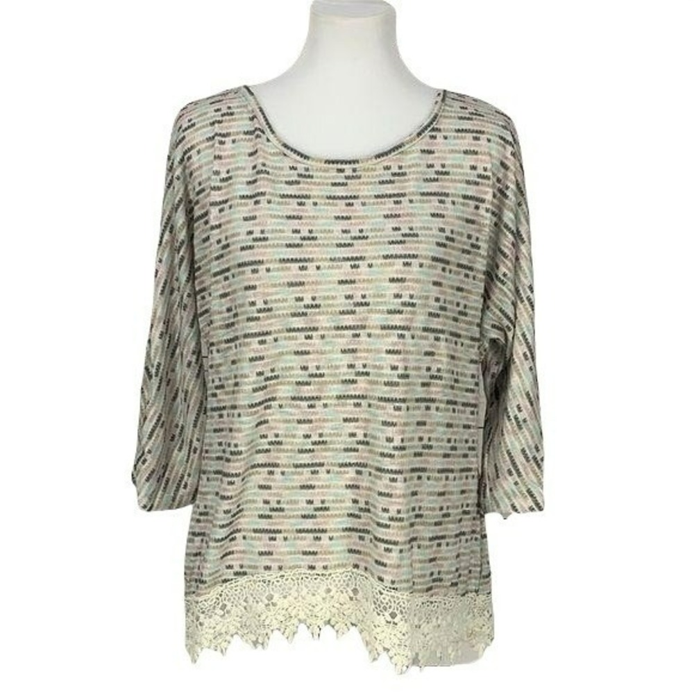Cato Multi Color Striped Lace Trim Knit Top Size L 3/4 Sleeve Scoop Neck